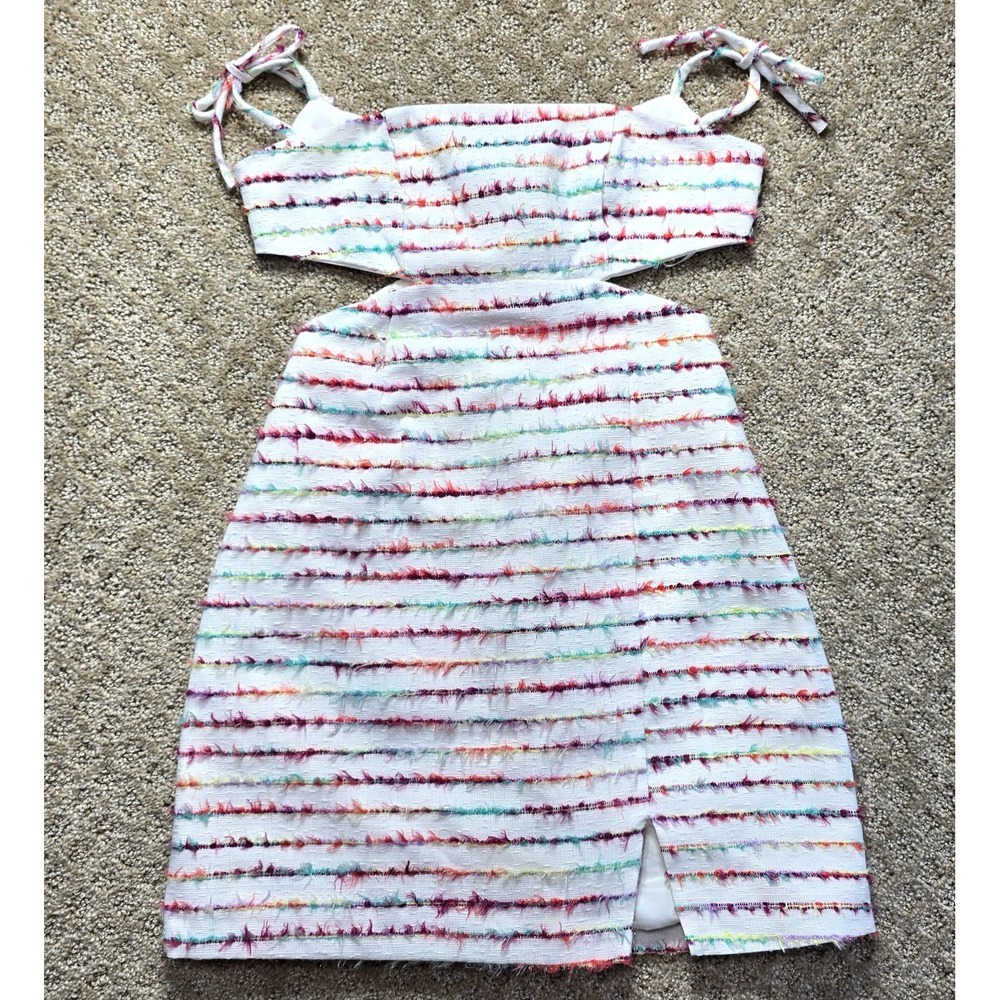 Hello Molly XS White Multicolor Tweed Cutout Mini Dress Tie Straps Fringe Stripe
